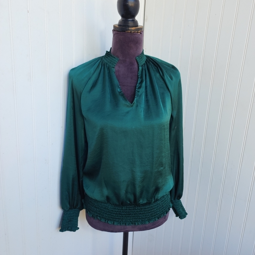 Vince Camuto Womens Emerald Green Silky Balloon Sleeve Blouse Lighweight Sz XS